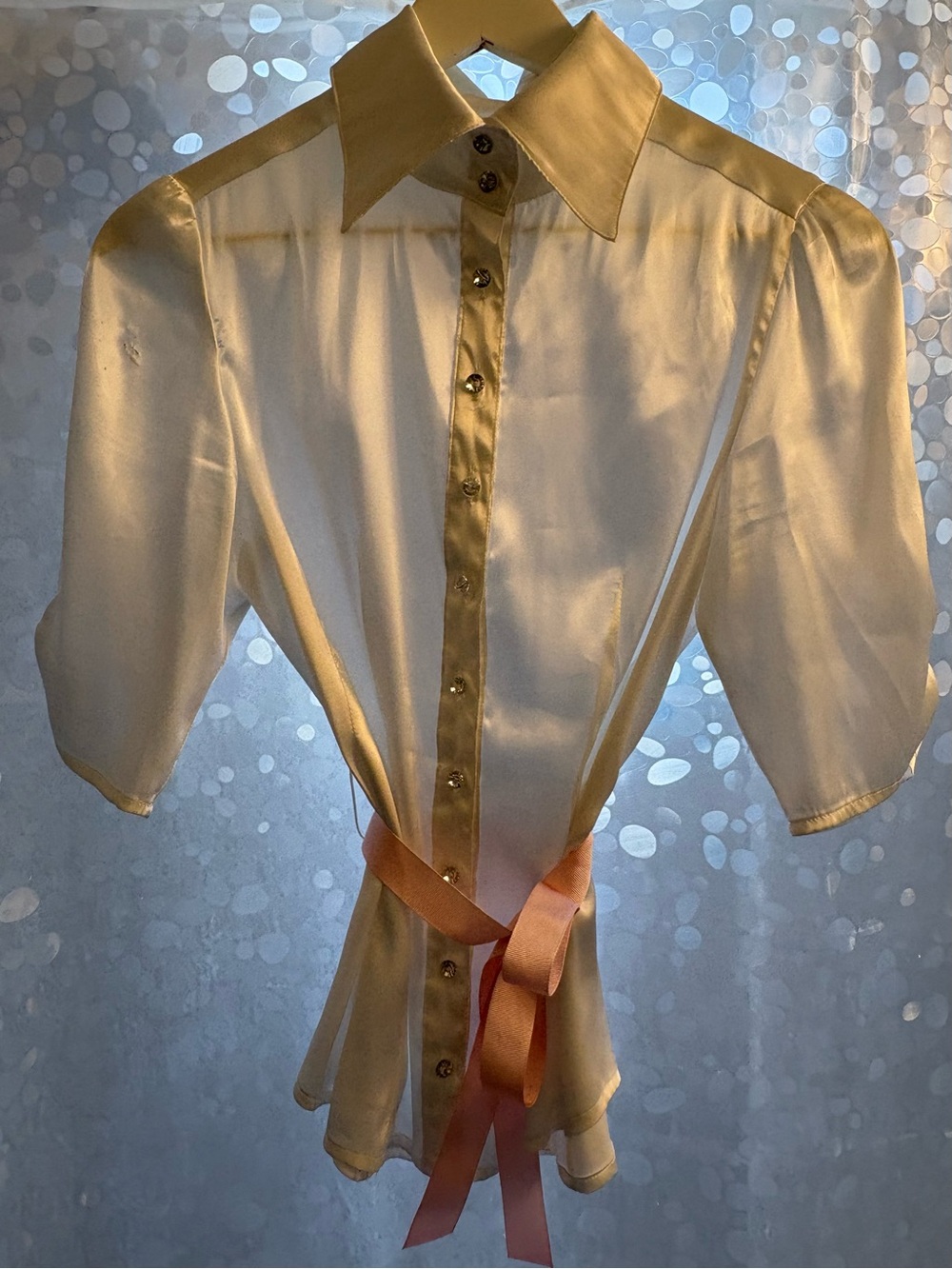 Satin Cream Button-Down Blouse with Pink Ribbon Waist Tie